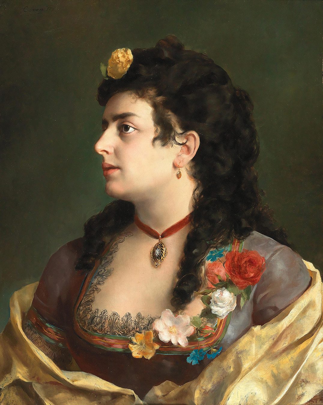 Portrait of a Lady with Yellow Shawl and Yellow Rose in her Hair by Canon from 1874