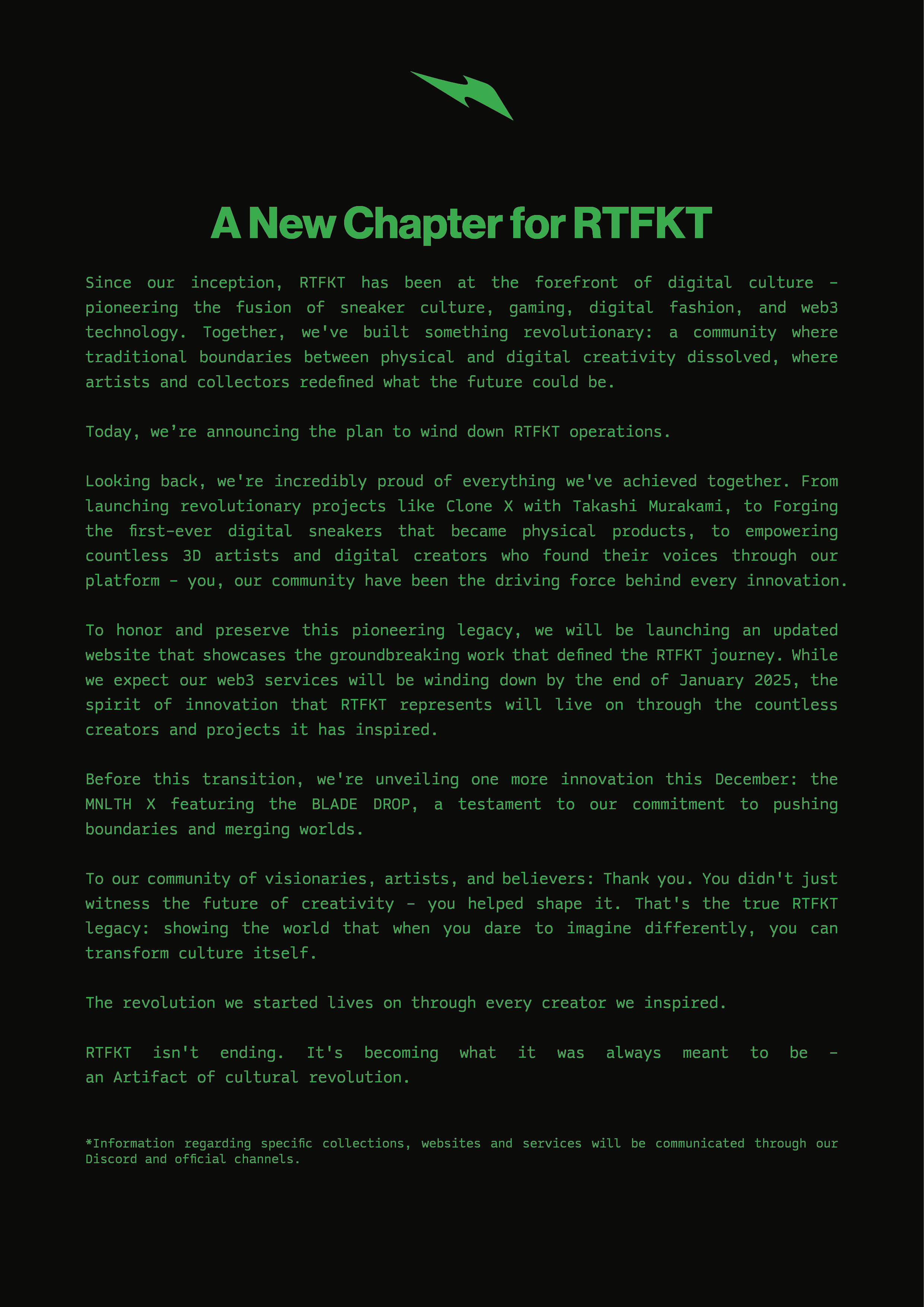 RTFKT’s Shocking Closure: A Betrayal to the Web3 Revolution? | NFT CULTURE | NFT News | Web3 Culture RTFKT’s Shocking Closure: A Betrayal to the Web3 Revolution? | NFT CULTURE | NFT News | Web3 Culture